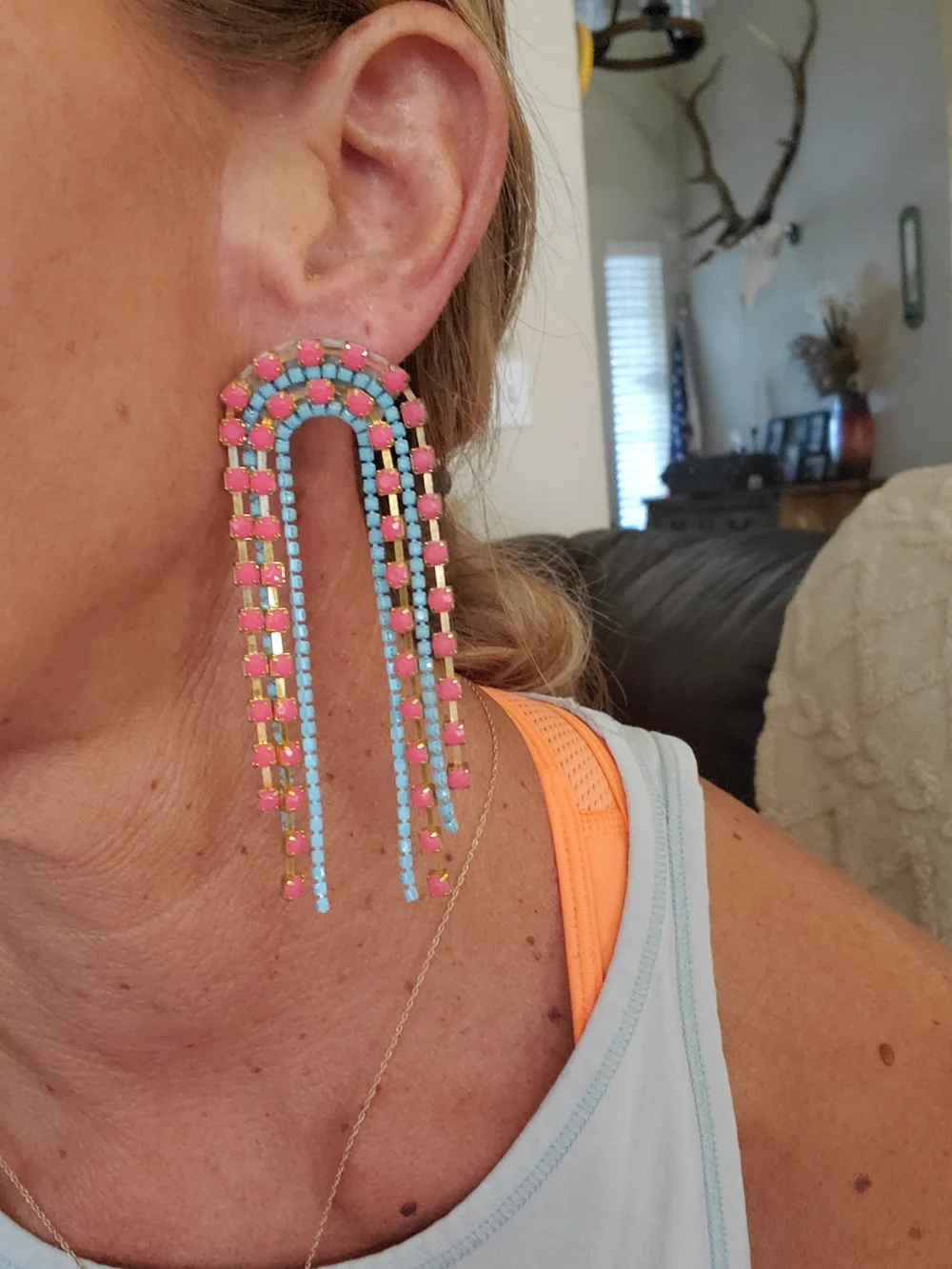 Kids Multicolor Rhinestone Fringe Hair Clips - Pink, Blue & Green Set Of 5